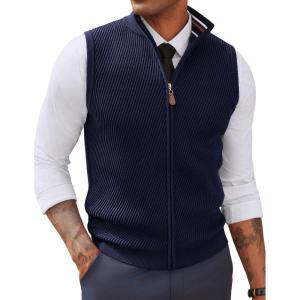 PJ PAUL JONES Men’s Sweater Vests Slim Fit Twill Textured Full Zip Sleeveless Vests Casual Outwear(Navy Blue)