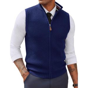 PJ PAUL JONES Men’s Sweater Vests Slim Fit Twill Textured Full Zip Sleeveless Vests Casual Outwear(Royal Blue)