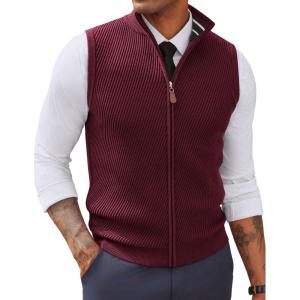 PJ PAUL JONES Men’s Sweater Vests Slim Fit Twill Textured Full Zip Sleeveless Vests Casual Outwear(Wine Red)