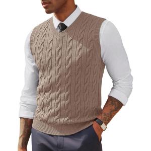PJ PAUL JONES Men’s Sweater Vests V Neck Cable Twist Knit Sleeveless Vests Casual Pullover Sweater(Apricot)