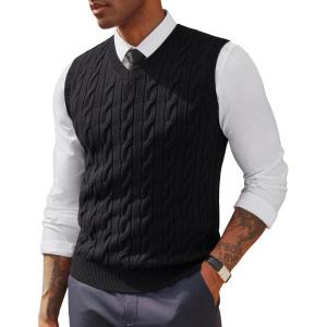 PJ PAUL JONES Men’s Sweater Vests V Neck Cable Twist Knit Sleeveless Vests Casual Pullover Sweater(Black)