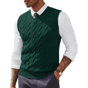PJ PAUL JONES Men’s Sweater Vests V Neck Cable Twist Knit Sleeveless Vests Casual Pullover Sweater(Dark Green)