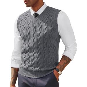 PJ PAUL JONES Men’s Sweater Vests V Neck Cable Twist Knit Sleeveless Vests Casual Pullover Sweater(Mid Grey)