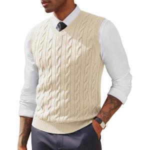PJ PAUL JONES Men’s Sweater Vests V Neck Cable Twist Knit Sleeveless Vests Casual Pullover Sweater(White)
