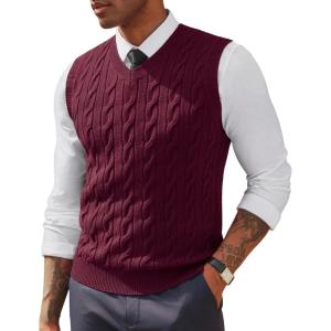 PJ PAUL JONES Men’s Sweater Vests V Neck Cable Twist Knit Sleeveless Vests Casual Pullover Sweater(Wine Red)