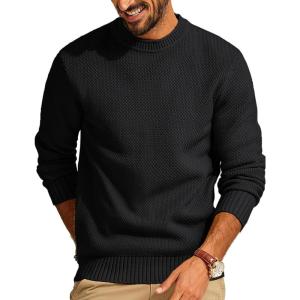 PJ PAUL JONES Mens Sweater Waffle Knit Crewneck Sweater Textured Long Sleeve Pullover(Black)