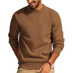 PJ PAUL JONES Mens Sweater Waffle Knit Crewneck Sweater Textured Long Sleeve Pullover(Brown)