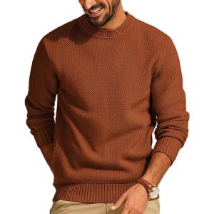 PJ PAUL JONES Mens Sweater Waffle Knit Crewneck Sweater Textured Long Sleeve Pullover(Caramel)