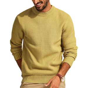 PJ PAUL JONES Mens Sweater Waffle Knit Crewneck Sweater Textured Long Sleeve Pullover(Yellow)