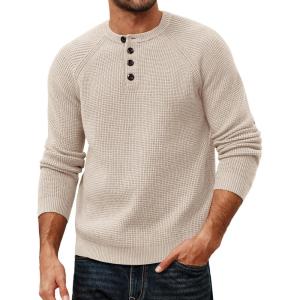 PJ PAUL JONES Mens Sweaters Casual Waffle Pullover Sweater Button Crewneck Textured Knit Henley Sweaters(Beige)