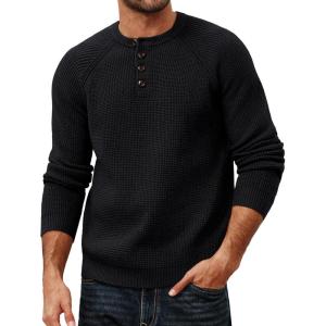 PJ PAUL JONES Mens Sweaters Casual Waffle Pullover Sweater Button Crewneck Textured Knit Henley Sweaters(Black)
