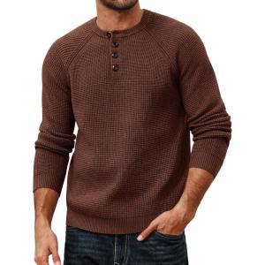 PJ PAUL JONES Mens Sweaters Casual Waffle Pullover Sweater Button Crewneck Textured Knit Henley Sweaters(Coffee)