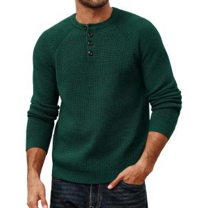 PJ PAUL JONES Mens Sweaters Casual Waffle Pullover Sweater Button Crewneck Textured Knit Henley Sweaters(Dark Green)