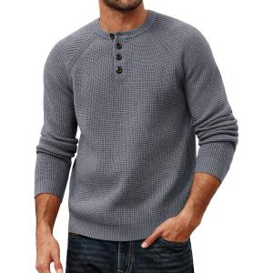 PJ PAUL JONES Mens Sweaters Casual Waffle Pullover Sweater Button Crewneck Textured Knit Henley Sweaters(Dark Grey)