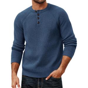 PJ PAUL JONES Mens Sweaters Casual Waffle Pullover Sweater Button Crewneck Textured Knit Henley Sweaters(Denim Blue)