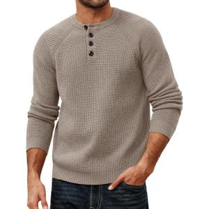 PJ PAUL JONES Mens Sweaters Casual Waffle Pullover Sweater Button Crewneck Textured Knit Henley Sweaters(Khaki)
