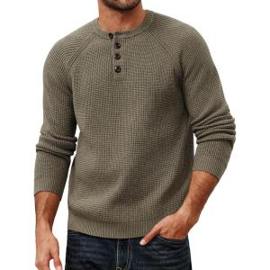 PJ PAUL JONES Mens Sweaters Casual Waffle Pullover Sweater Button Crewneck Textured Knit Henley Sweaters(Khaki Green)