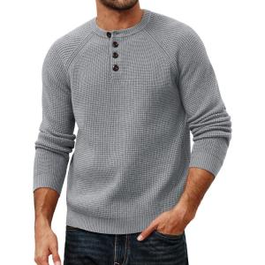 PJ PAUL JONES Mens Sweaters Casual Waffle Pullover Sweater Button Crewneck Textured Knit Henley Sweaters(Light Grey)