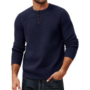 PJ PAUL JONES Mens Sweaters Casual Waffle Pullover Sweater Button Crewneck Textured Knit Henley Sweaters(Navy Blue)