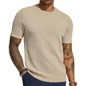 PJ PAUL JONES Mens T-Shirts Crew Neck Waffle Knit Shirt Short Sleeve Tee Shirts Fashion Casual Pullover Tops(Apricot)