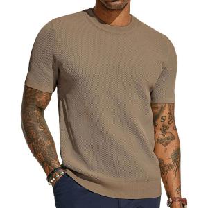 PJ PAUL JONES Mens T-Shirts Crew Neck Waffle Knit Shirt Short Sleeve Tee Shirts Fashion Casual Pullover Tops(Camel)