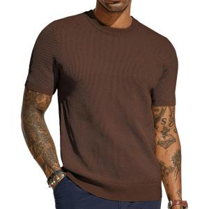 PJ PAUL JONES Mens T-Shirts Crew Neck Waffle Knit Shirt Short Sleeve Tee Shirts Fashion Casual Pullover Tops(Coffee)