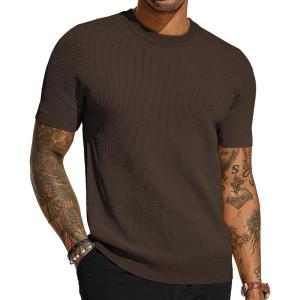 PJ PAUL JONES Mens T-Shirts Crew Neck Waffle Knit Shirt Short Sleeve Tee Shirts Fashion Casual Pullover Tops(Dark Coffee)