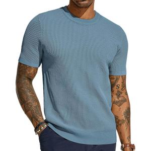 PJ PAUL JONES Mens T-Shirts Crew Neck Waffle Knit Shirt Short Sleeve Tee Shirts Fashion Casual Pullover Tops(Gray Blue)