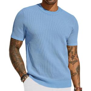 PJ PAUL JONES Mens T-Shirts Crew Neck Waffle Knit Shirt Short Sleeve Tee Shirts Fashion Casual Pullover Tops(Light Blue)