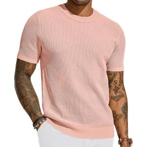 PJ PAUL JONES Mens T-Shirts Crew Neck Waffle Knit Shirt Short Sleeve Tee Shirts Fashion Casual Pullover Tops(Light Pink)
