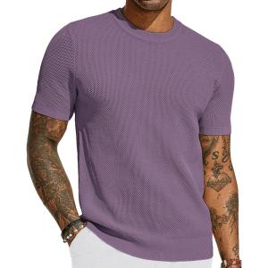 PJ PAUL JONES Mens T-Shirts Crew Neck Waffle Knit Shirt Short Sleeve Tee Shirts Fashion Casual Pullover Tops(Violet)