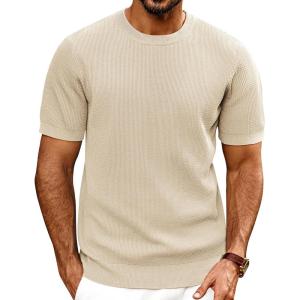PJ PAUL JONES Mens T-Shirts Knit Short Sleeve Crewneck Shirt Casual Textured Pullover Tees(Apricot)
