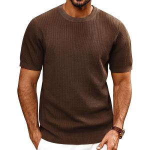 PJ PAUL JONES Mens T-Shirts Knit Short Sleeve Crewneck Shirt Casual Textured Pullover Tees(Coffee)