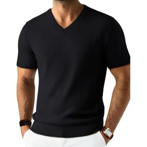 PJ PAUL JONES Men’s T-Shirts Modern Fit V Neck Knit Shirts Textured Herringbone Knitwear(Black)