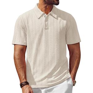 PJ PAUL JONES Men’s Textured Knit Polo Shirt Short Sleeve Regular Fit Stretch Collared Summer Shirts(Apricot Beige)