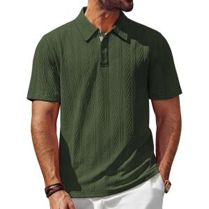 PJ PAUL JONES Men’s Textured Knit Polo Shirt Short Sleeve Regular Fit Stretch Collared Summer Shirts(Army Green)