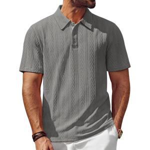 PJ PAUL JONES Men’s Textured Knit Polo Shirt Short Sleeve Regular Fit Stretch Collared Summer Shirts(Light Gray)