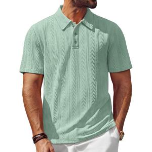 PJ PAUL JONES Men’s Textured Knit Polo Shirt Short Sleeve Regular Fit Stretch Collared Summer Shirts(Light Mint Green)