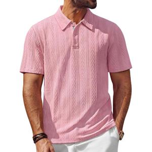 PJ PAUL JONES Men’s Textured Knit Polo Shirt Short Sleeve Regular Fit Stretch Collared Summer Shirts(Pink)