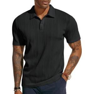 PJ PAUL JONES Mens Textured Knit Polo Shirts Regular Fit Stretchy Golf Shirts(Black)