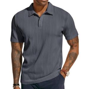 PJ PAUL JONES Mens Textured Knit Polo Shirts Regular Fit Stretchy Golf Shirts(Dark Grey)