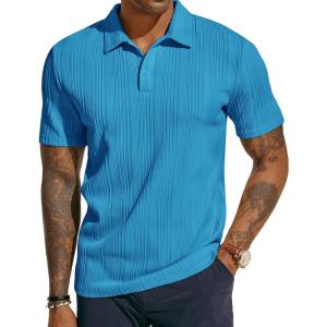 PJ PAUL JONES Mens Textured Knit Polo Shirts Regular Fit Stretchy Golf Shirts(Denim Blue)