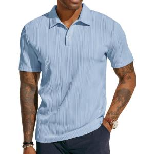 PJ PAUL JONES Mens Textured Knit Polo Shirts Regular Fit Stretchy Golf Shirts(Light Blue)