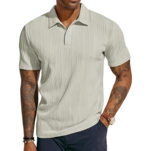 PJ PAUL JONES Mens Textured Knit Polo Shirts Regular Fit Stretchy Golf Shirts(Light Grey)