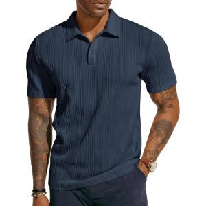 PJ PAUL JONES Mens Textured Knit Polo Shirts Regular Fit Stretchy Golf Shirts(Navy)