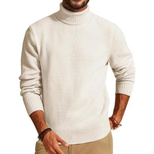 PJ PAUL JONES Mens Turtleneck Sweaters Long Sleeve Mock Neck Knit Sweaters Ribbed Slim Pullover Sweater(Ivory White)