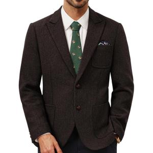 PJ PAUL JONES Mens Tweed Blazer Wool Sport Coat Two Button Peak Lapel Vintage Suit Jackets(Dark Coffee)