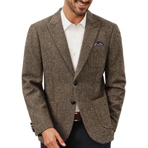 PJ PAUL JONES Mens Tweed Blazer Wool Sport Coat Two Button Peak Lapel Vintage Suit Jackets(Khaki)