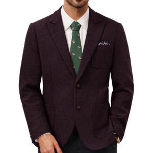 PJ PAUL JONES Mens Tweed Blazer Wool Sport Coat Two Button Peak Lapel Vintage Suit Jackets(Wine Red)