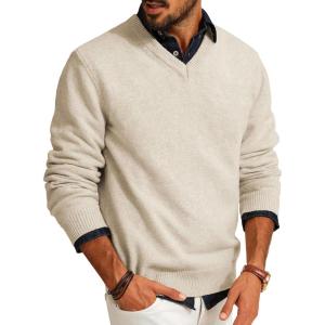 PJ PAUL JONES Mens V Neck Pullover Lightweight Wool Blend Long Sleeve Knit Sweater(Apricot)